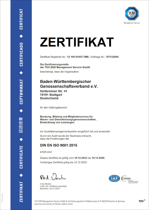 Zertifikat TÜV SÜD Qualitätsmanagement ISO 9001