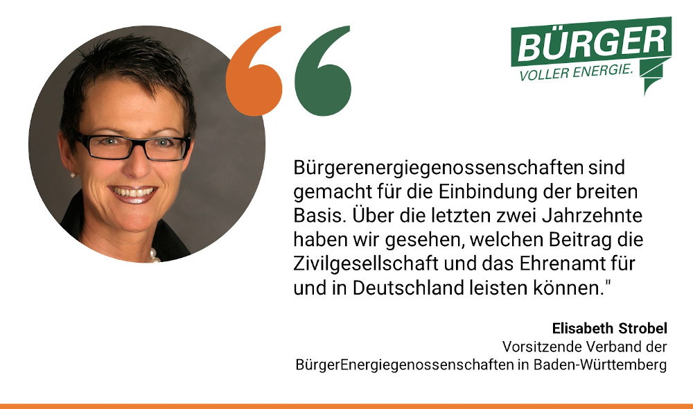 Elisabeth Strobel, Vorsitzende Verband der BürgerEnergiegenossenschaften in Baden-Württemberg: "Bürgerenergiegenossenschaften sind gemacht für die Einbindung der breiten Basis. Über die letzten zwei Jahrzehnte haben wir gesehen, welchen Beitrag die Zivilgesellschaft und das Ehrenamt für und in Deutschland leisten können."