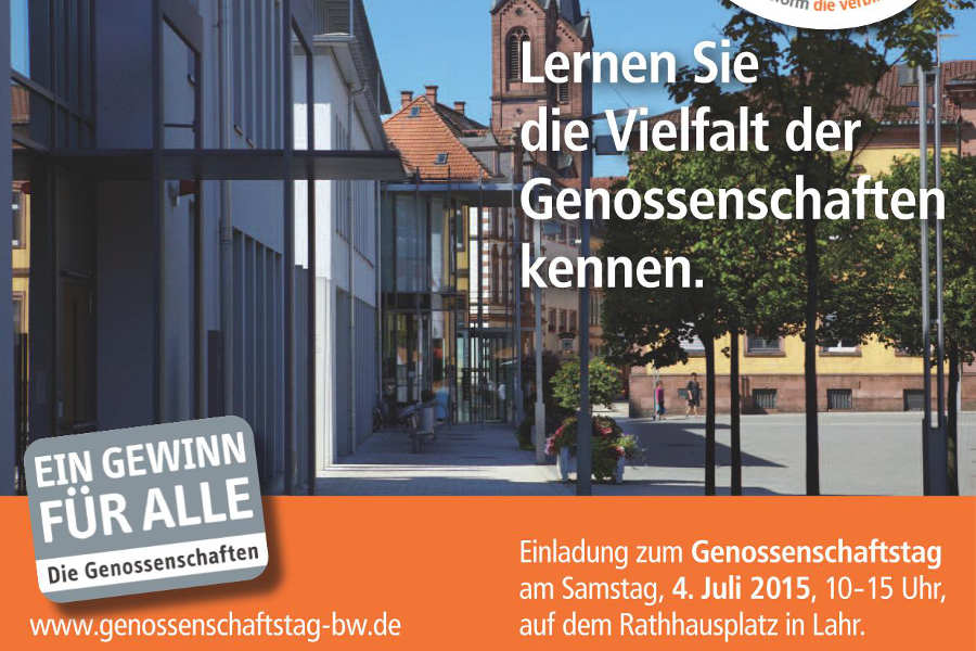 Der Genossenschaftstag der baden-württembergischen Genossenschaften findet am Samstag, 4. Juli, auf dem Rathausplatz in Lahr statt.
