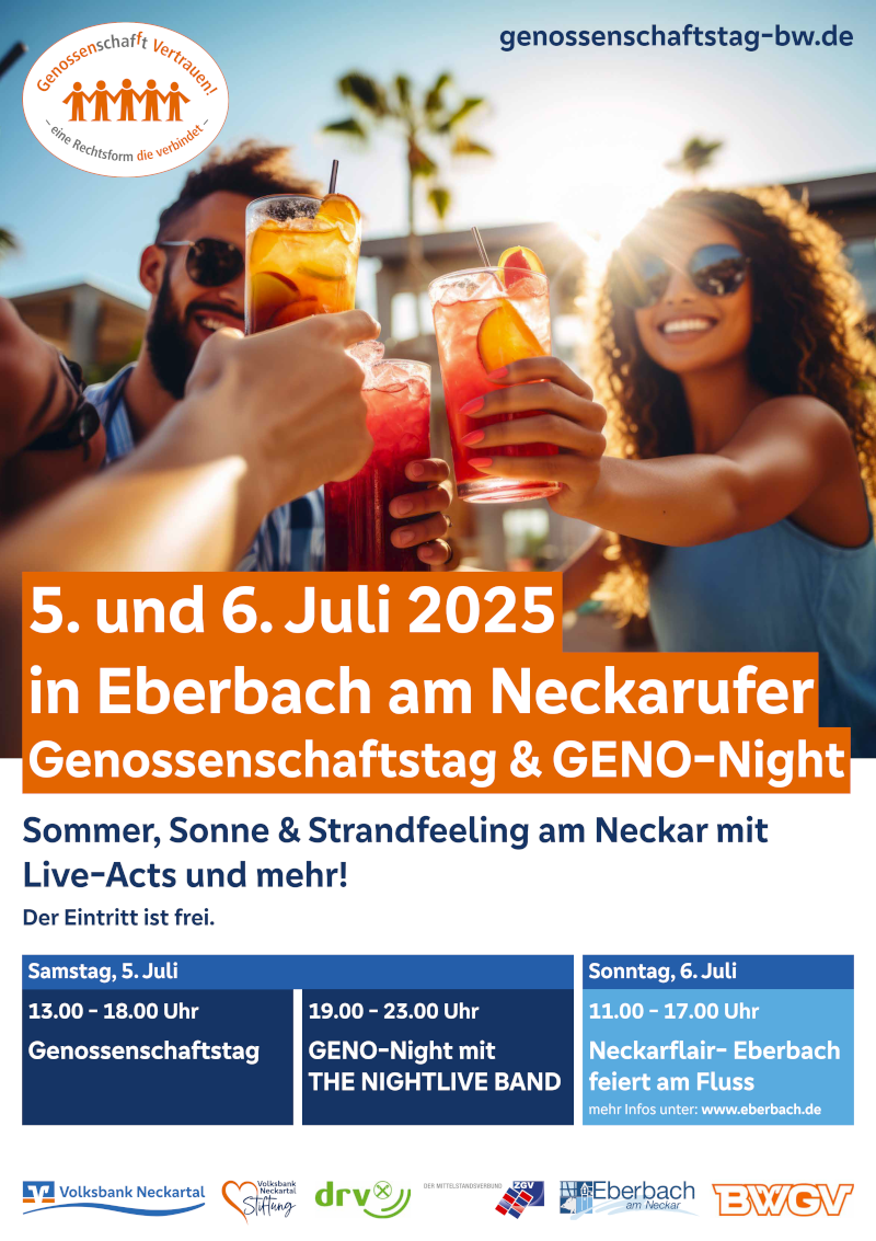 5. und 6. Juli 2025 in Eberbach am Neckarufer Genossenschaftstag und GENO-Night