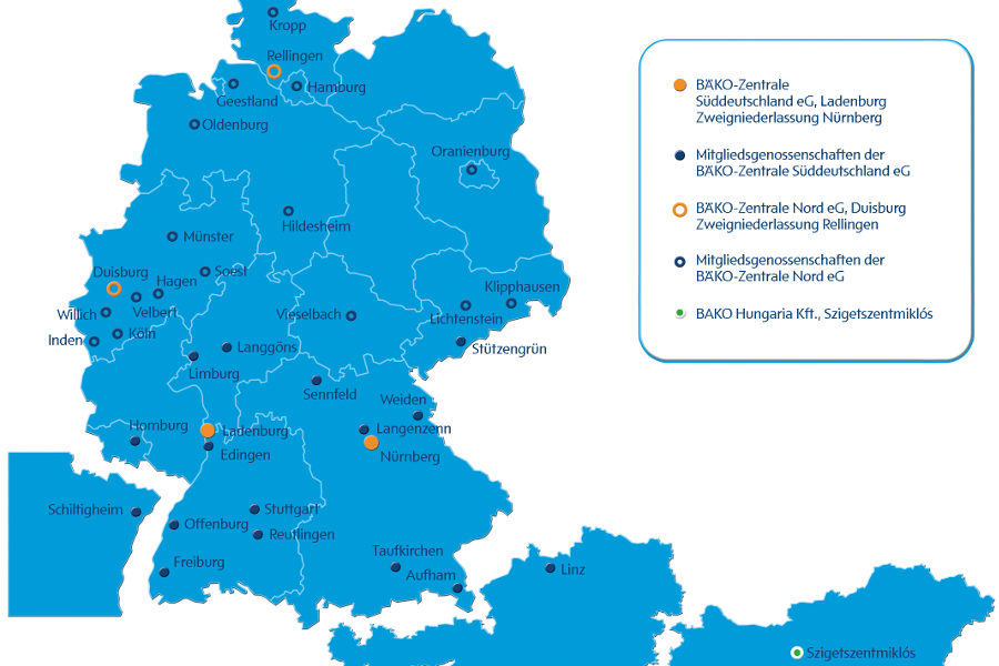 Bundesweit ist die BÄKO-Gruppe mit 30 Regionalgenossenschaften flächendeckend präsent. Stand: 1.4.2015