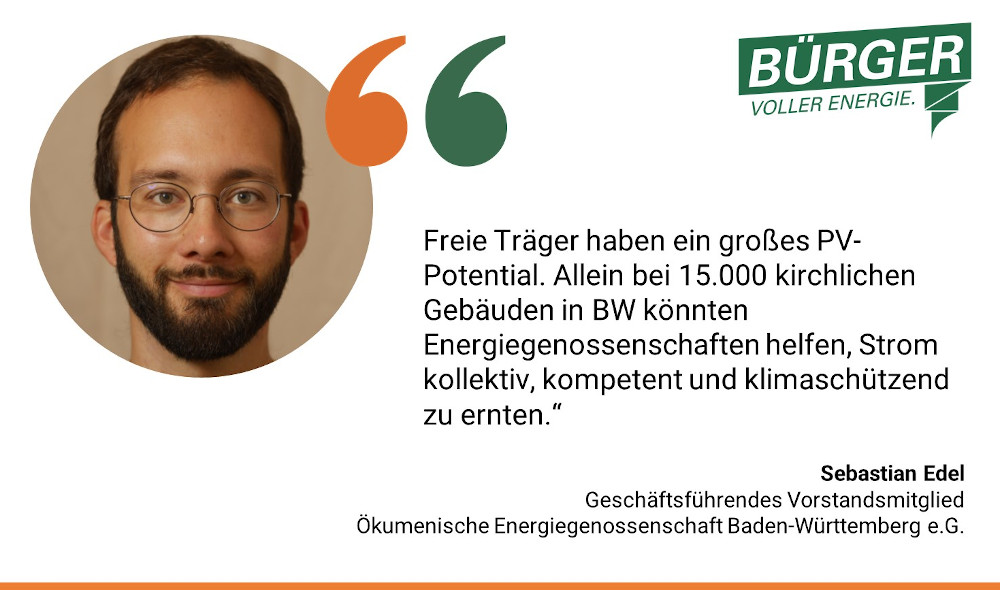 Freie Träger haben ein großes PV-Potenzial. Allein bei 15.000 kirchlichen Gebäuden in BW könnten Energiegenossenschaften helfen, Strom kollektiv, kompetenz und klimaschützend zu ernten.