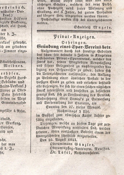 Mit einer Zeitungsanzeige wurde am 10. August 1843 zur Gründungsversammlung eingeladen: „zur Konstituierung des Vereins … am Sonntag, den 27. dieses Monats, Nachmittags 3 Uhr im Gasthof zum römischen Kaiser dahier gefällig einzufinden“.