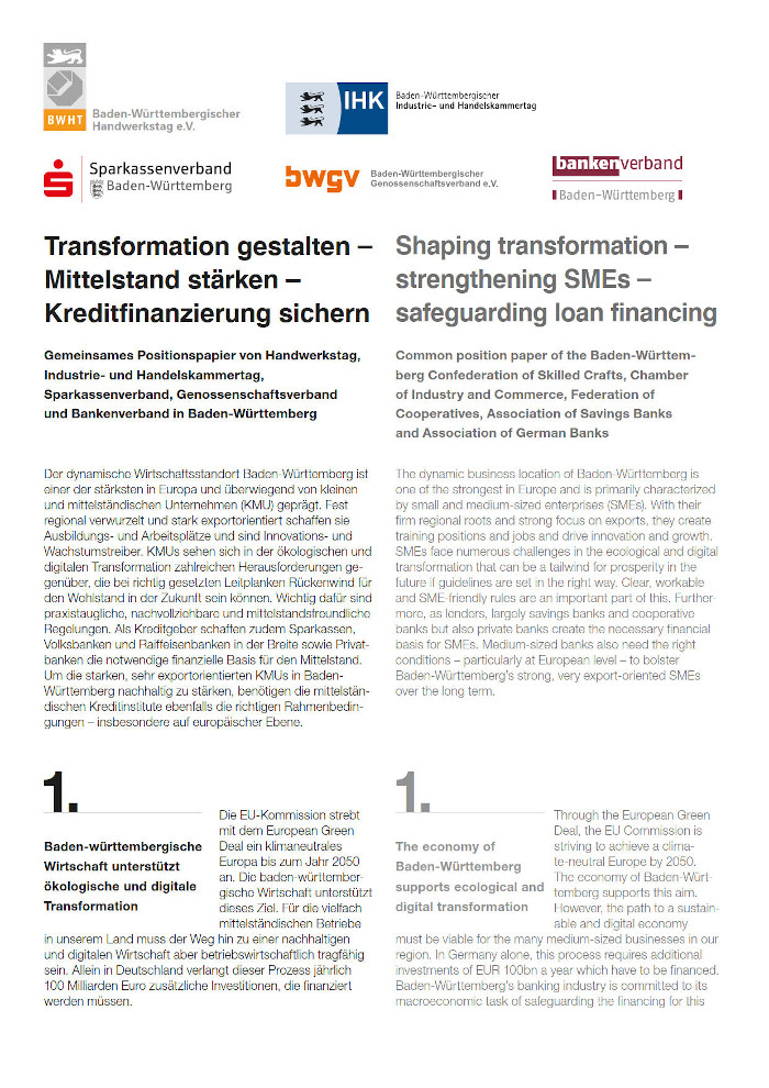 Positionspapier Transformation gestalten - Mittelstand stärken - Kreditfinanzierung sichern