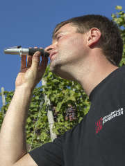 Matthias Hammer, Vorstandsvorsitzender der Weingärtner Marbach eG, misst den Oechslegrad der Trauben.