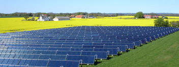 Fotovoltaikanlage vor gelb blühendem Acker unter blauem Himmel