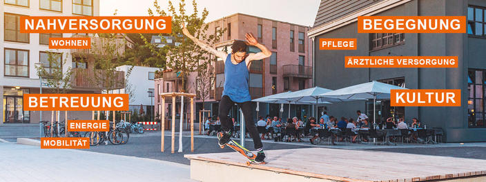 Skater vor Stadtkulisse Banner: Nahversorgung, Wohnen, Betreuung, Energie, Mobilität, Begegnung, Pflege, ärztliche Versorgung, Kultur