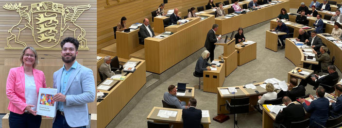Zwei BWGV-Mitarbeitende präsentieren im Landtag von Baden-Württemberg den Abschlussbericht der Enquetekommission „Krisenfeste Gesellschaft“